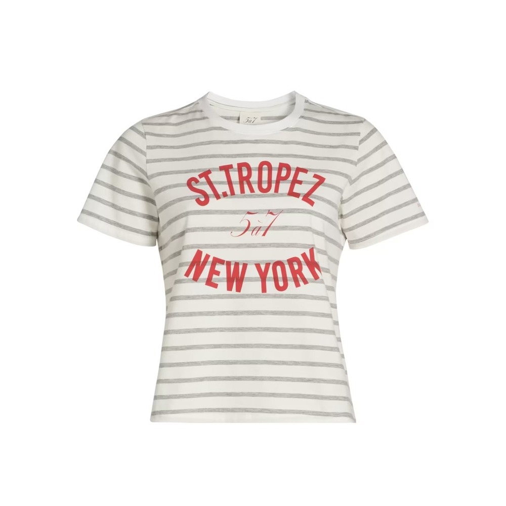 Cinq a Sept St. Tropez New York Striped Graphic T-Shirt White Grey Red Size M